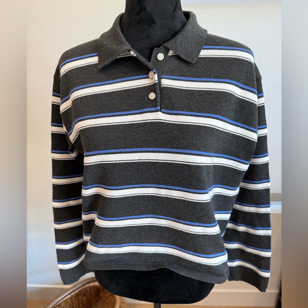 Striped Long Sleeve Polo Cropped Shirt in Black, Blue, and White